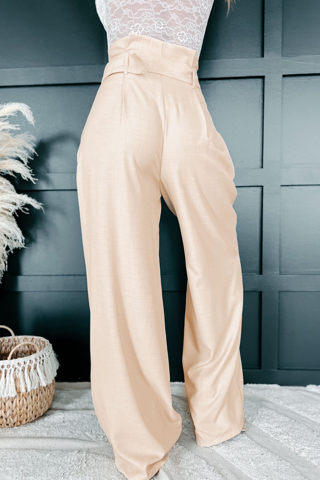 Paring Well Belted Paperbag Waist Wide Leg Pant (Beige) - NanaMacs