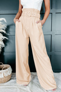 Paring Well Belted Paperbag Waist Wide Leg Pant (Beige) - NanaMacs