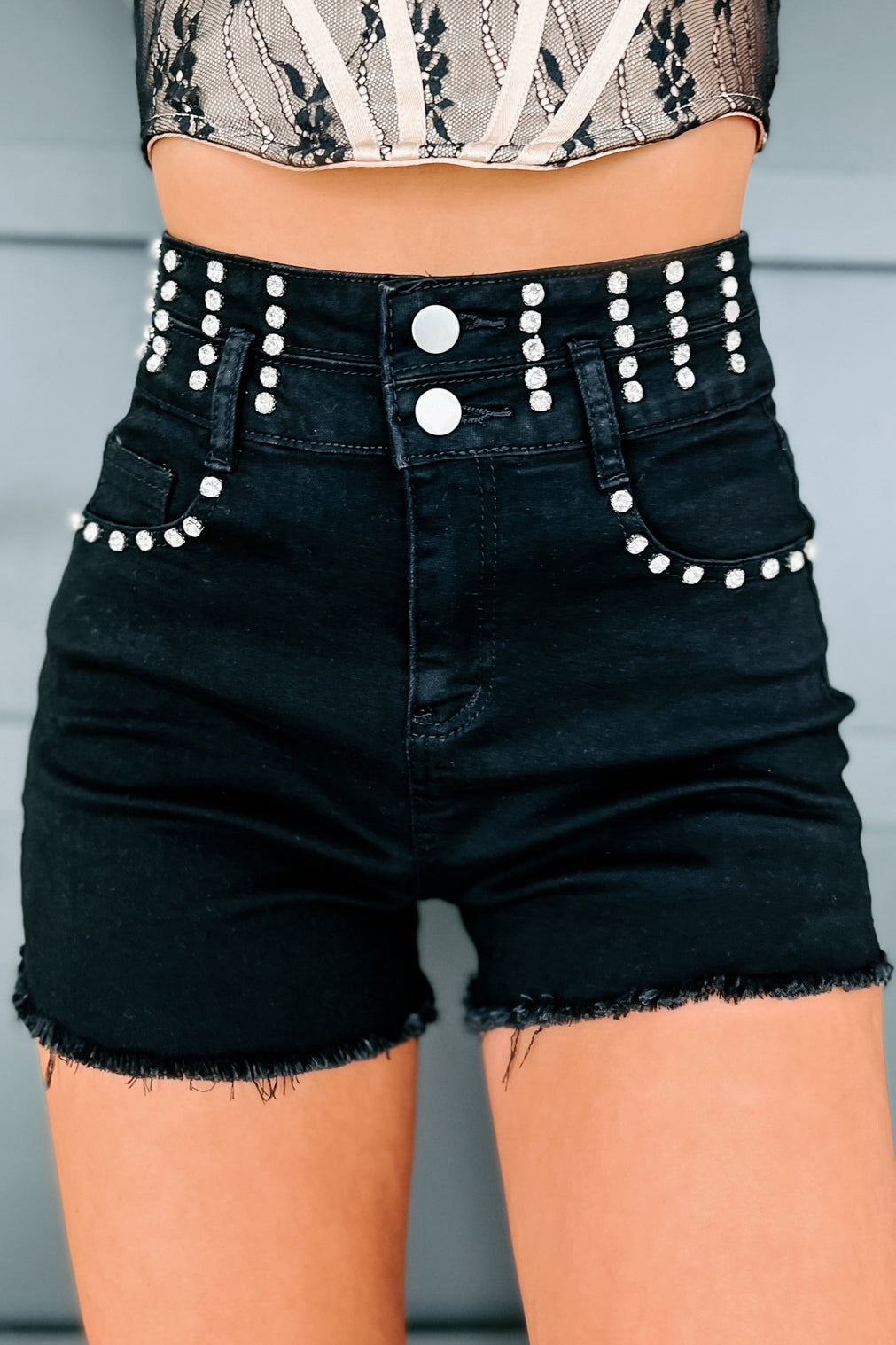 Bedazzled Babe High Rise Rhinestone Embellished Denim Shorts (Black) - NanaMacs