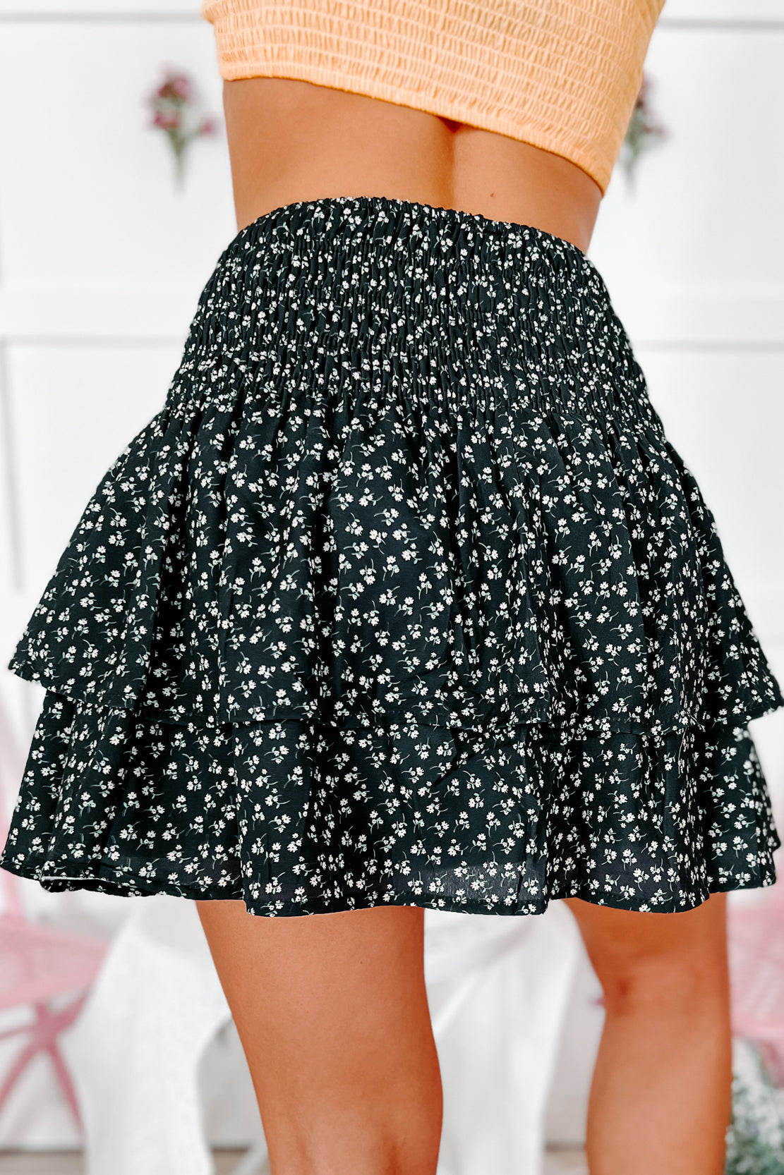 Delightful Darling Smocked Floral Mini Skirt (Black) - NanaMacs