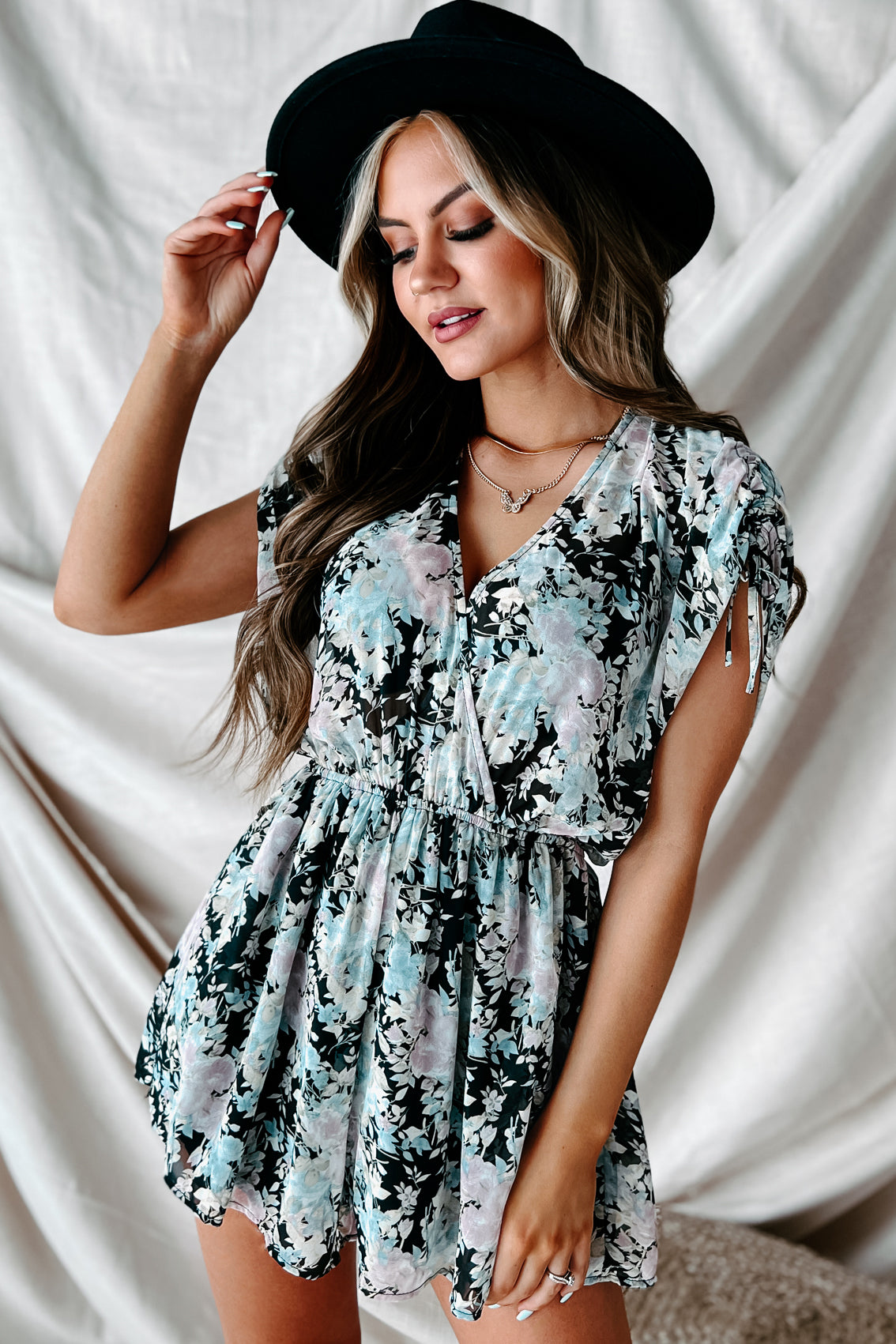 Time To Bloom Ruched Shoulder Floral Surplice Romper (Black Floral) - NanaMacs