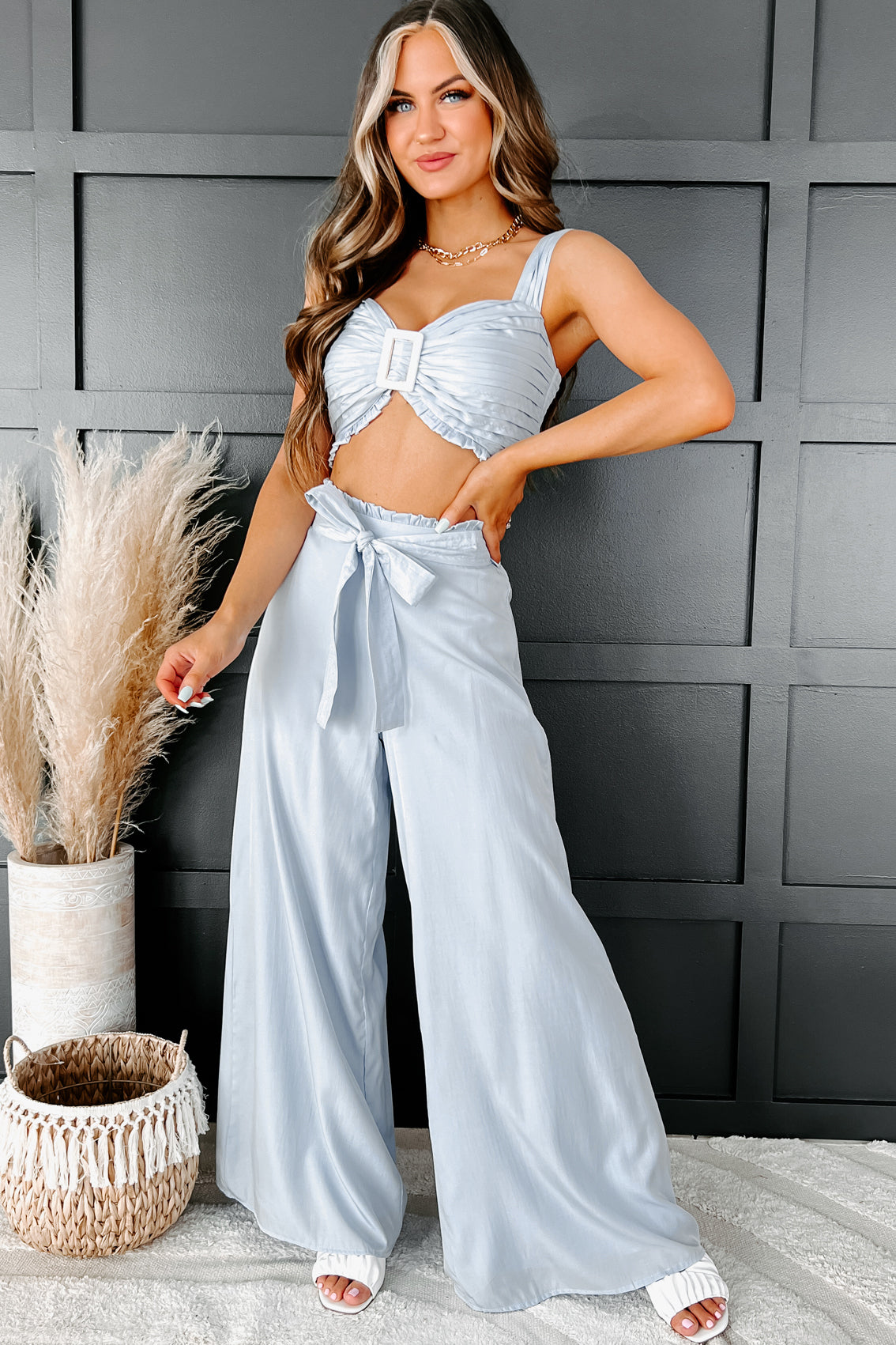 More To Tell Pleated Crop Top & Pants Set (Blue) - NanaMacs