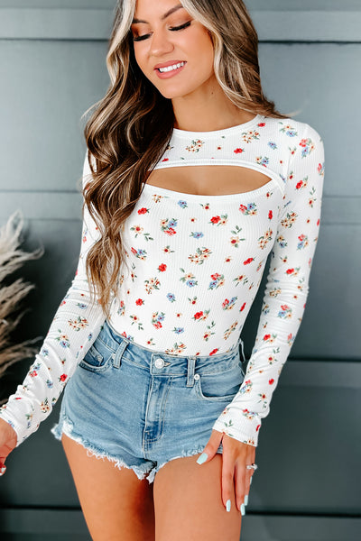 Hopelessly Yours NanaMacs Original Long Sleeve Cut-Out Floral Bodysuit (Ivory/Red/Blue) - NanaMacs