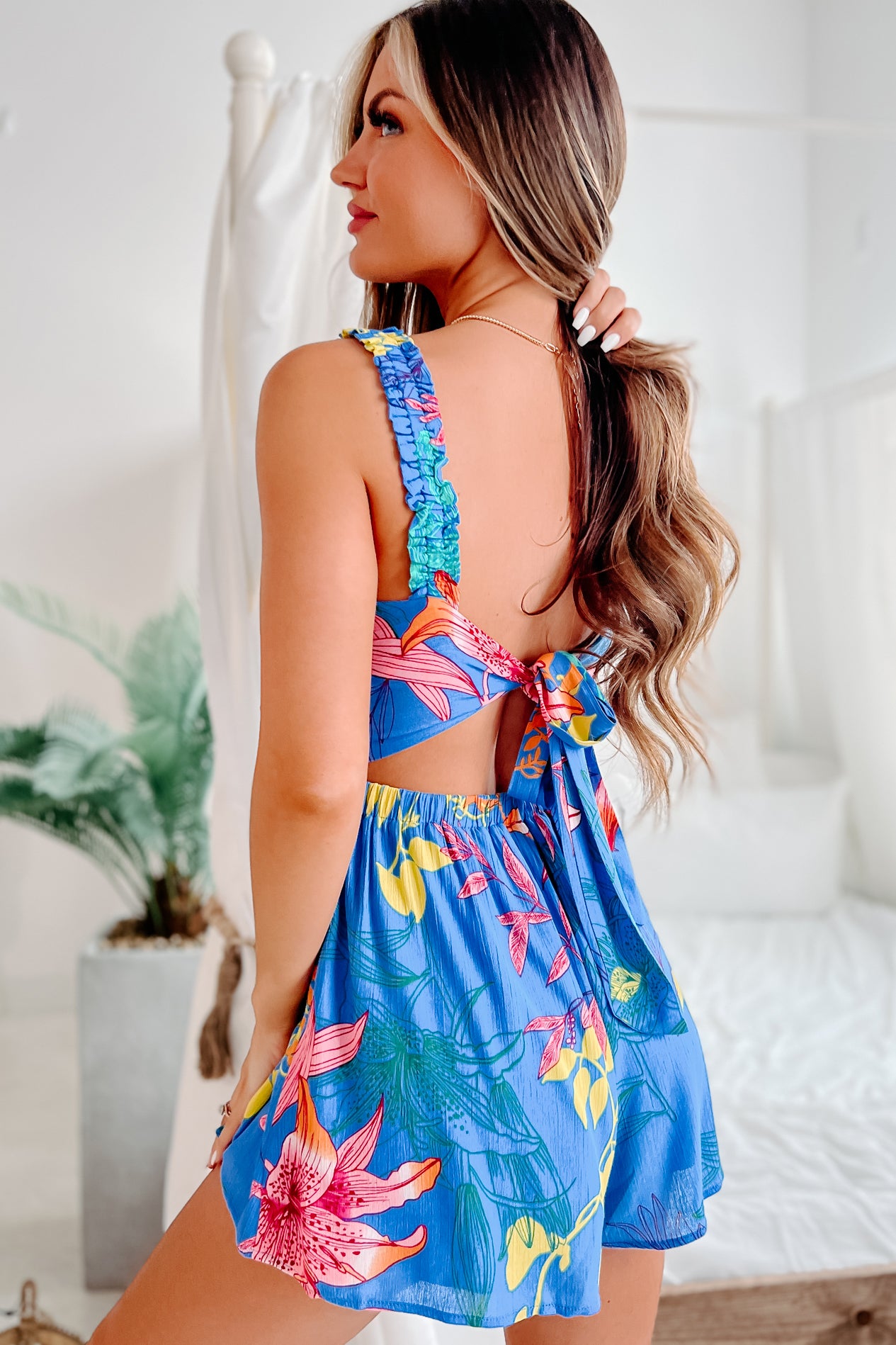 Daily Reminders Smocked Floral Tie-Back Romper (Blue) - NanaMacs