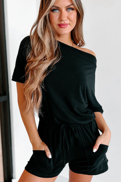 Acting In Kindness Off The Shoulder Drawstring Romper (Black) - NanaMacs