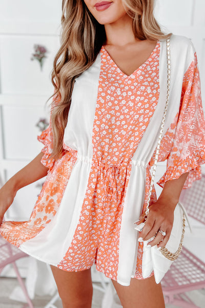 Beachtown Babe Mixed Print Drawstring Waist Romper (Coral) - NanaMacs