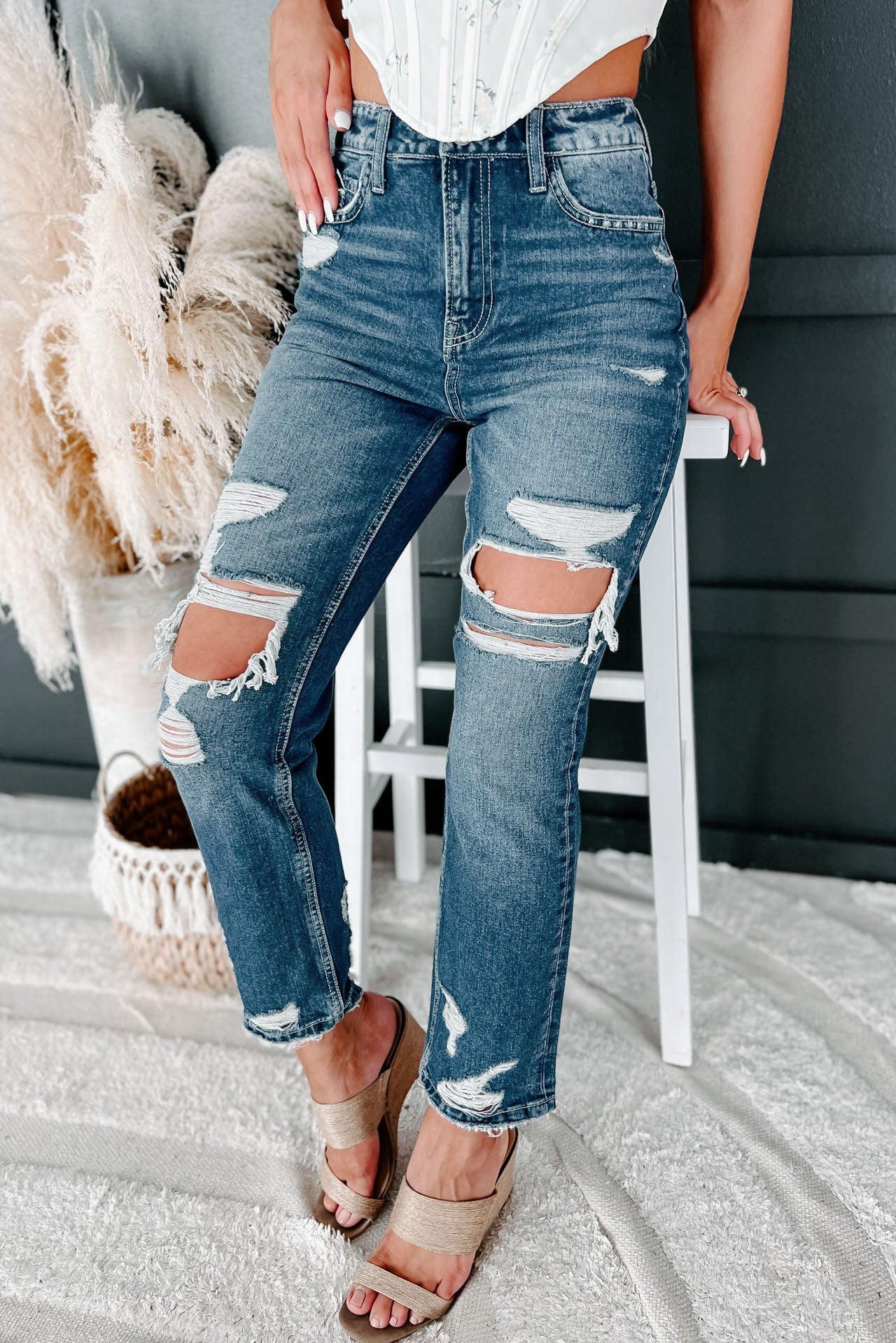 Lucid Dreams High Rise Flying Monkey Distressed Cropped Straight Leg Jeans (Dark) - NanaMacs