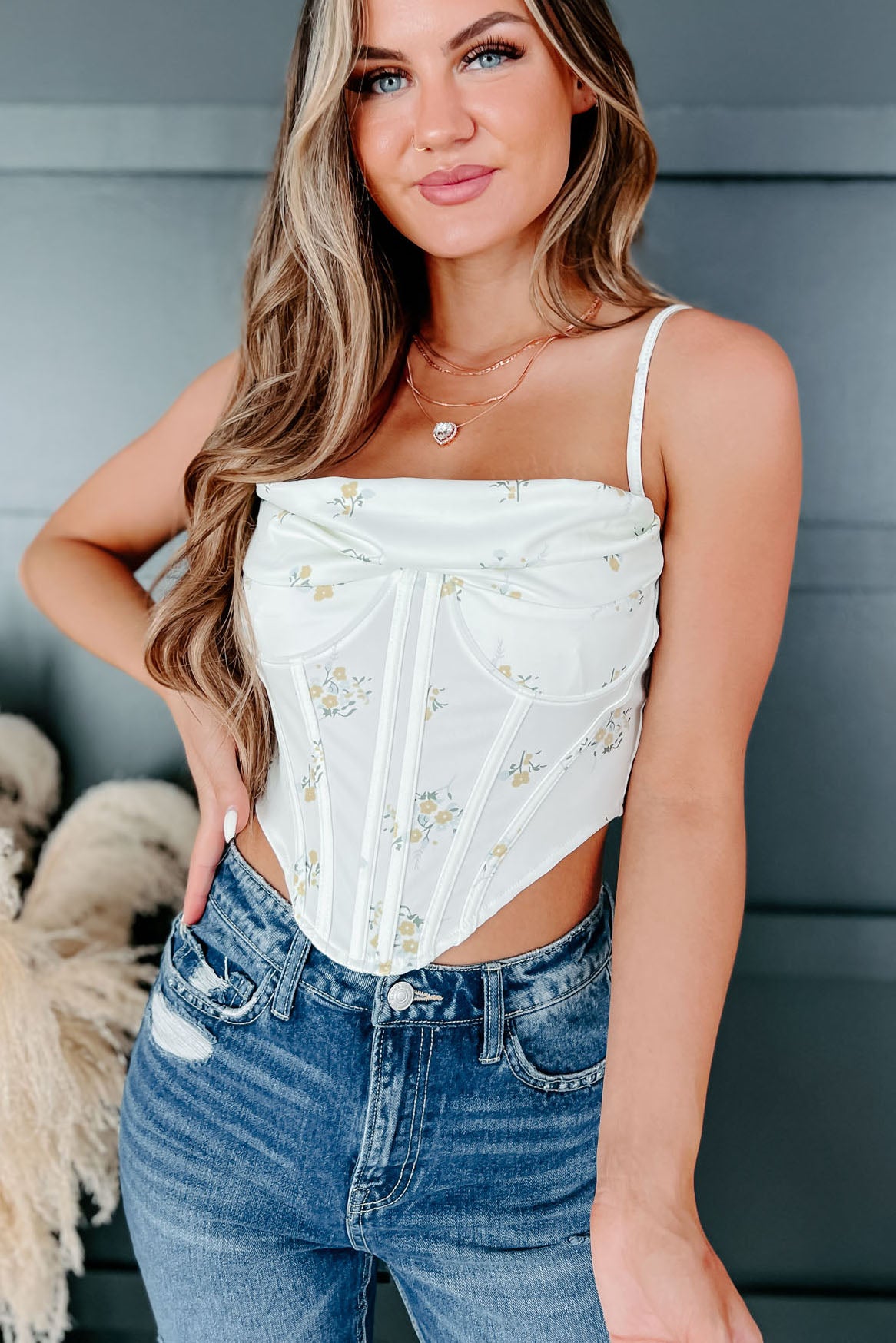All Things Sweet Floral Cowl Neck Corset Top (Pale Yellow) - NanaMacs