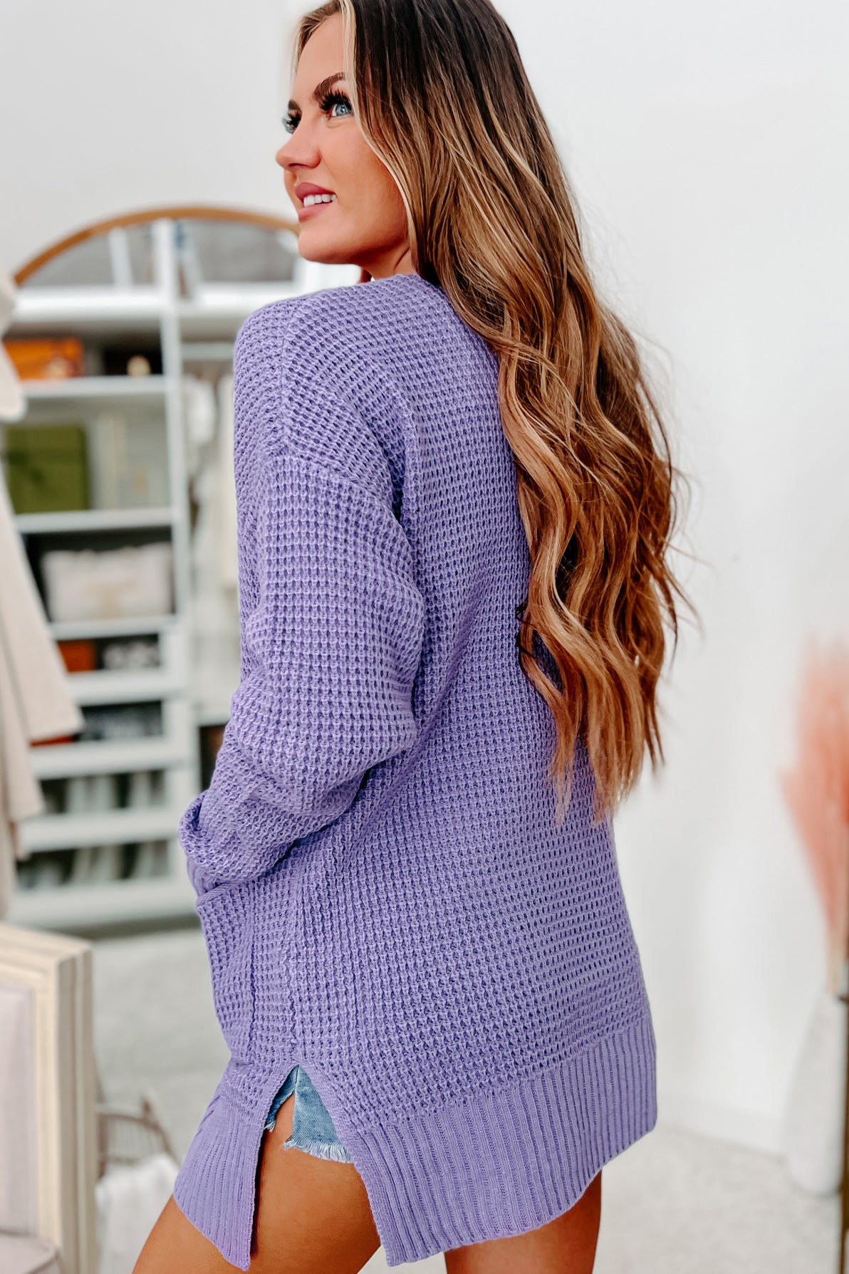 Podcast & Chill Open Front Waffle Knit Cardigan (Lavender) - NanaMacs