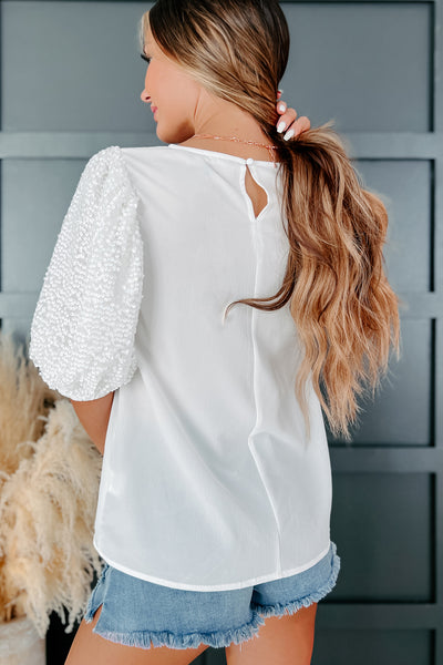 Work Or Play Sequin Sleeve Blouse (Off White) - NanaMacs