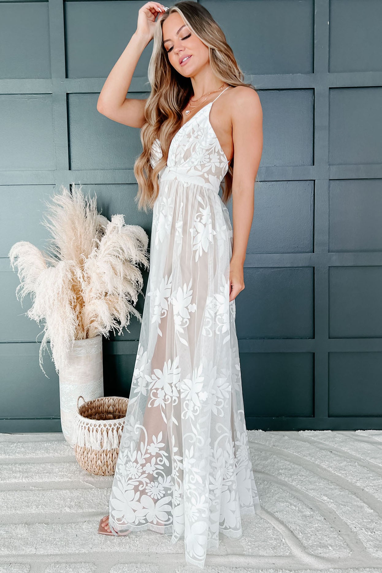 Lust Or Love Floral Mesh Maxi Dress (Ivory)