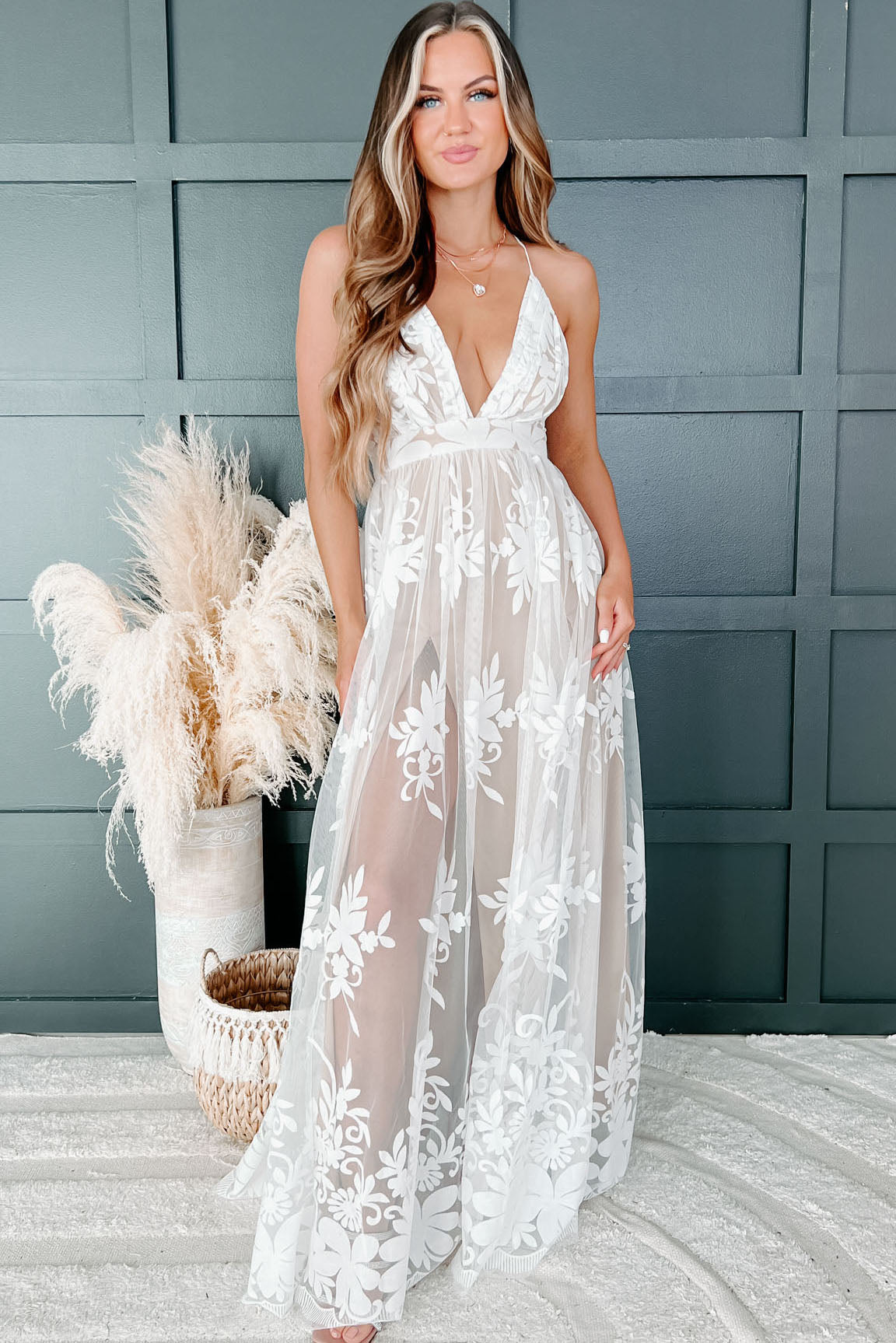 Lust Or Love Floral Mesh Maxi Dress (Ivory) - NanaMacs