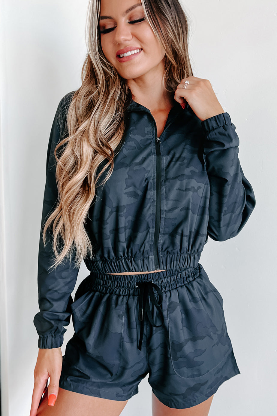 Surviving & Thriving Camo Cropped Zip-Up Jacket (Dark Ocean) - NanaMacs