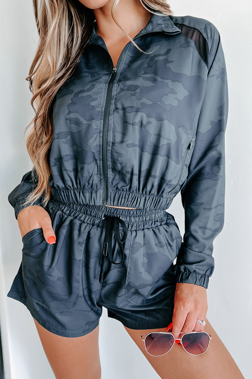 Surviving & Thriving Camo Cropped Zip-Up Jacket (Dark Ocean) - NanaMacs