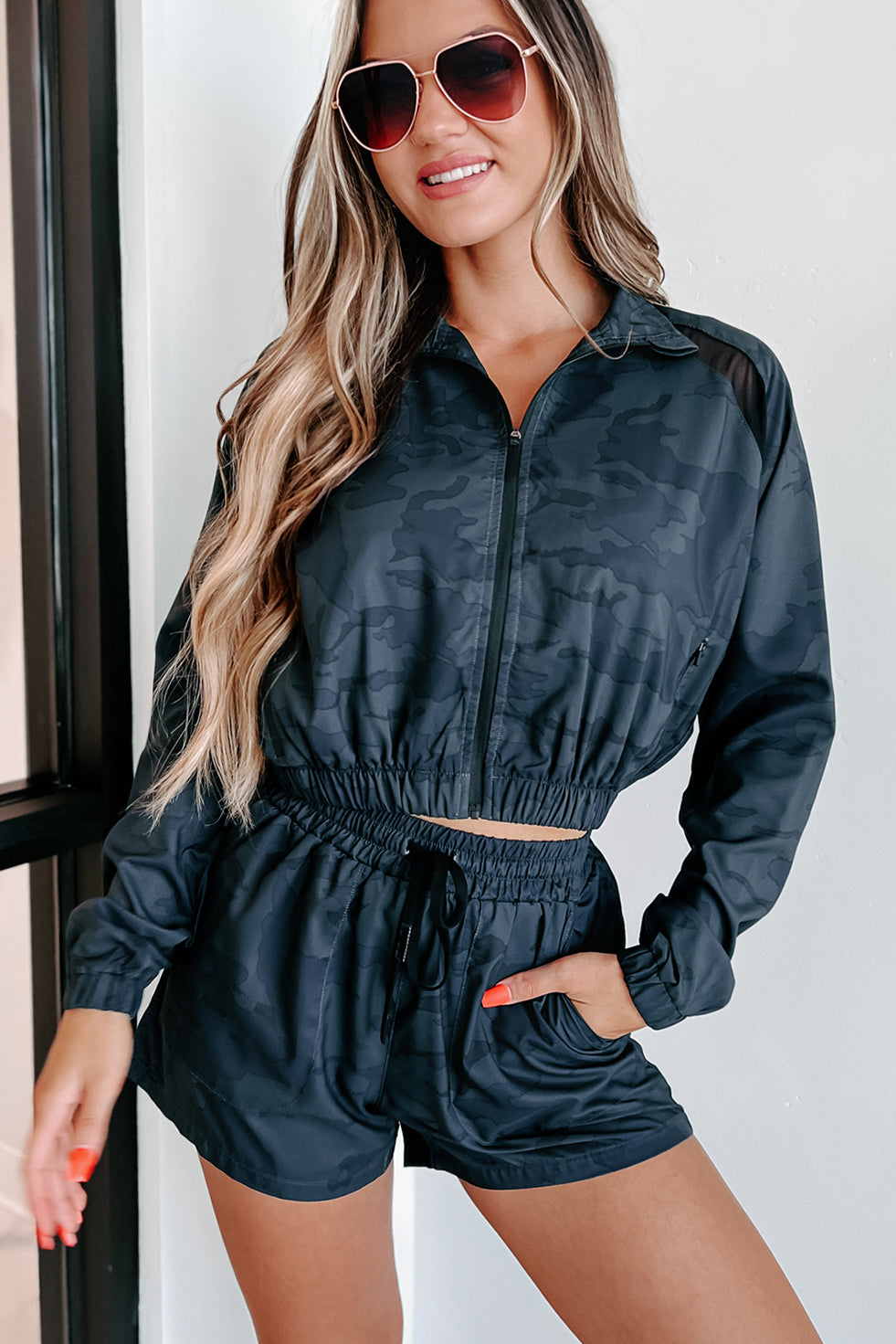 Surviving & Thriving Camo Cropped Zip-Up Jacket (Dark Ocean) - NanaMacs