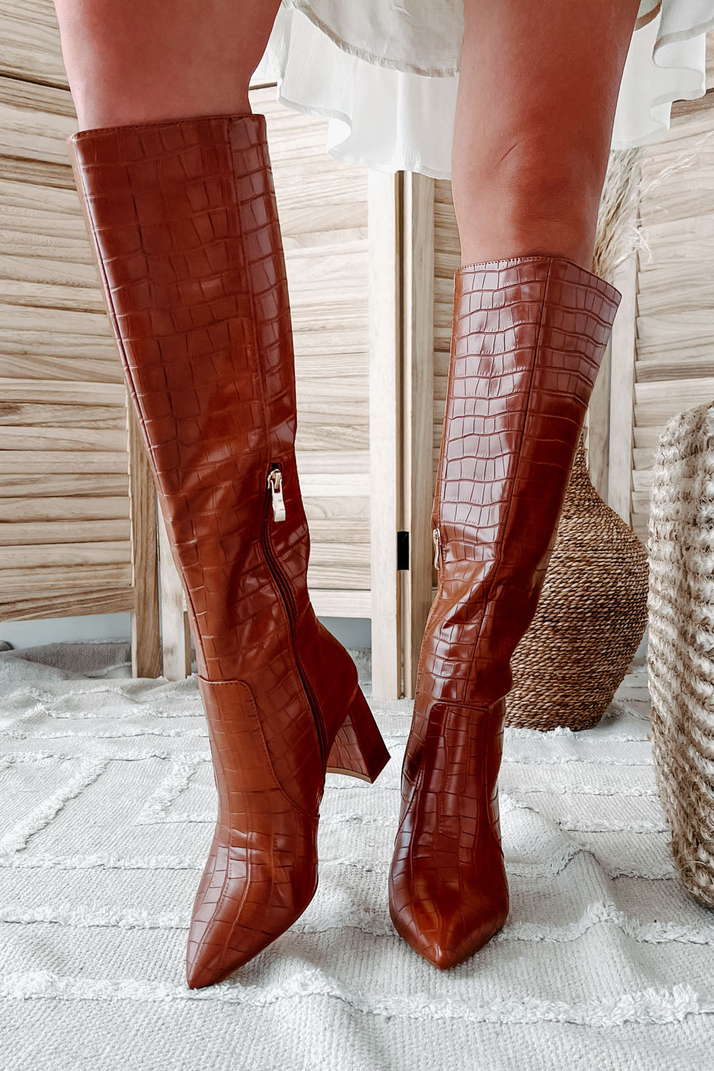 Elanor Faux Croc Knee High Billini Boots (Brown Croc) - NanaMacs