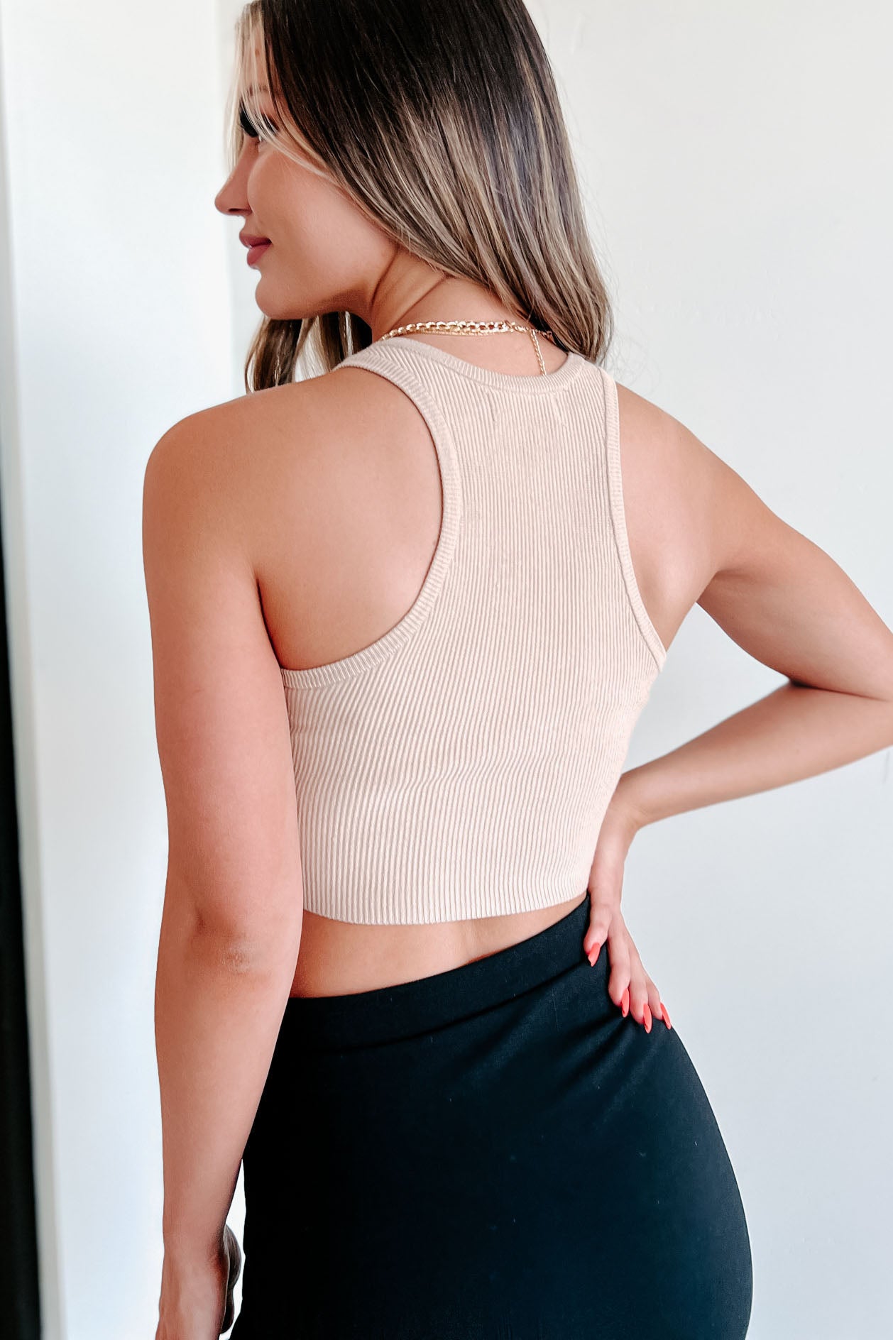 Duly Noted Ribbed Racer Crop Tank (Taupe) - NanaMacs