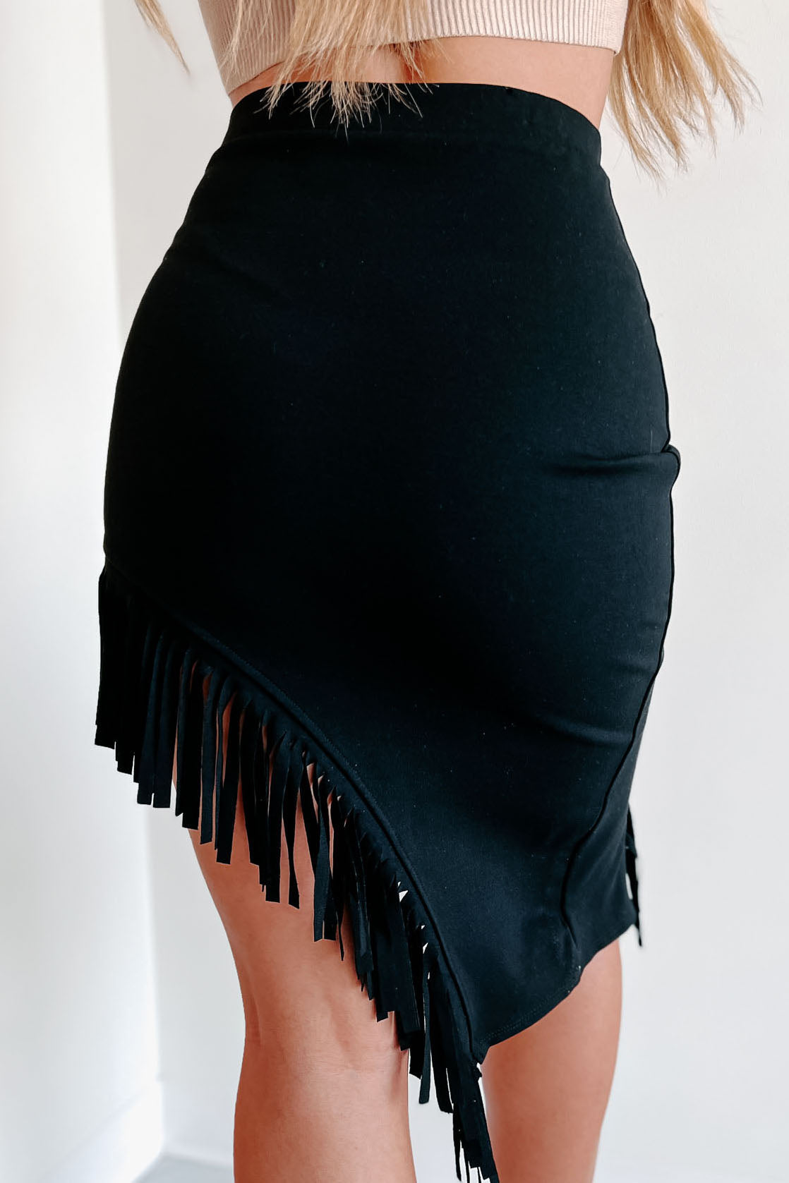 Country Kisses Asymmetrical Fringe Skirt (Black)