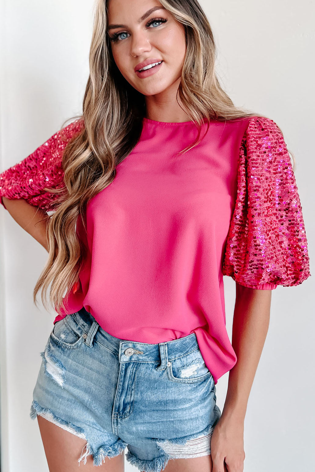 Work Or Play Sequin Sleeve Blouse (Fuchsia) - NanaMacs