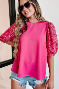 Work Or Play Sequin Sleeve Blouse (Fuchsia) - NanaMacs