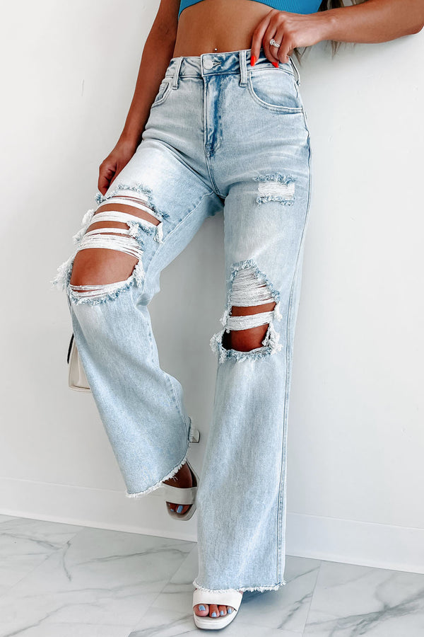 Abrielle High Rise Distressed Risen Wide Leg Jeans (Light) - NanaMacs