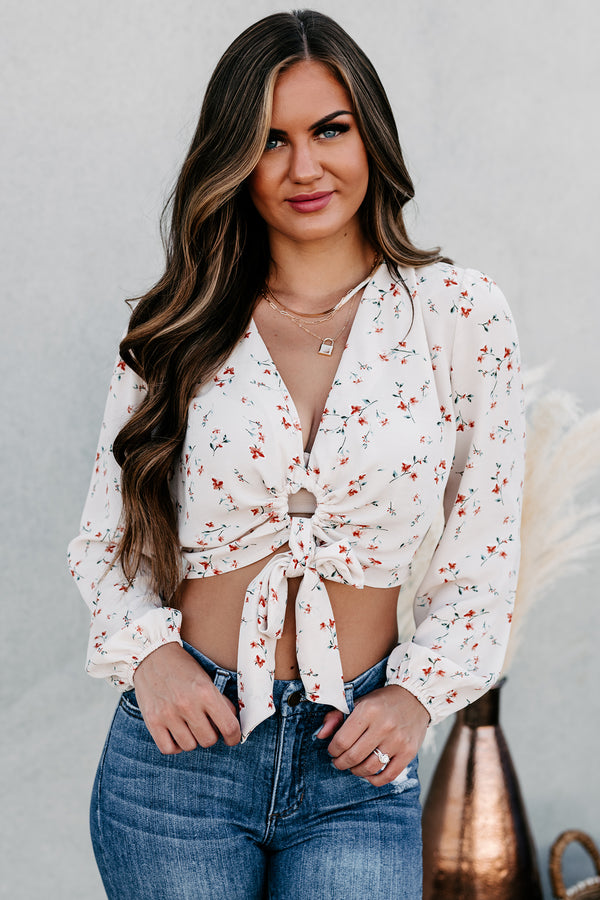 Spilling Secrets Long Sleeve Floral Crop Top (Taupe) - NanaMacs