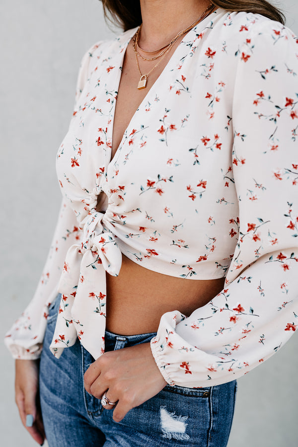 Spilling Secrets Long Sleeve Floral Crop Top (Taupe) - NanaMacs