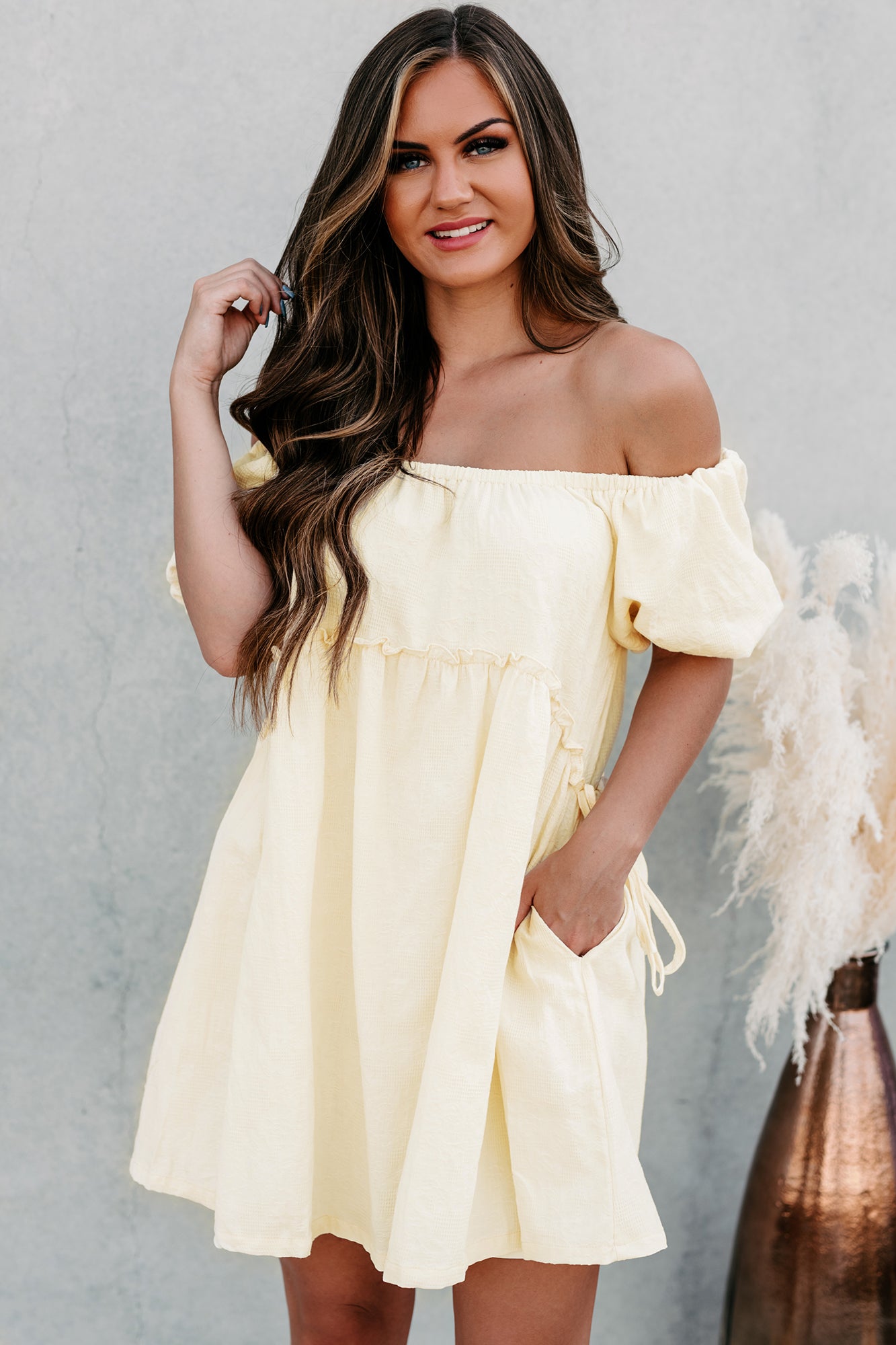 Perfectly Pleasant Textured Off The Shoulder Dress (Almond Cream) - NanaMacs