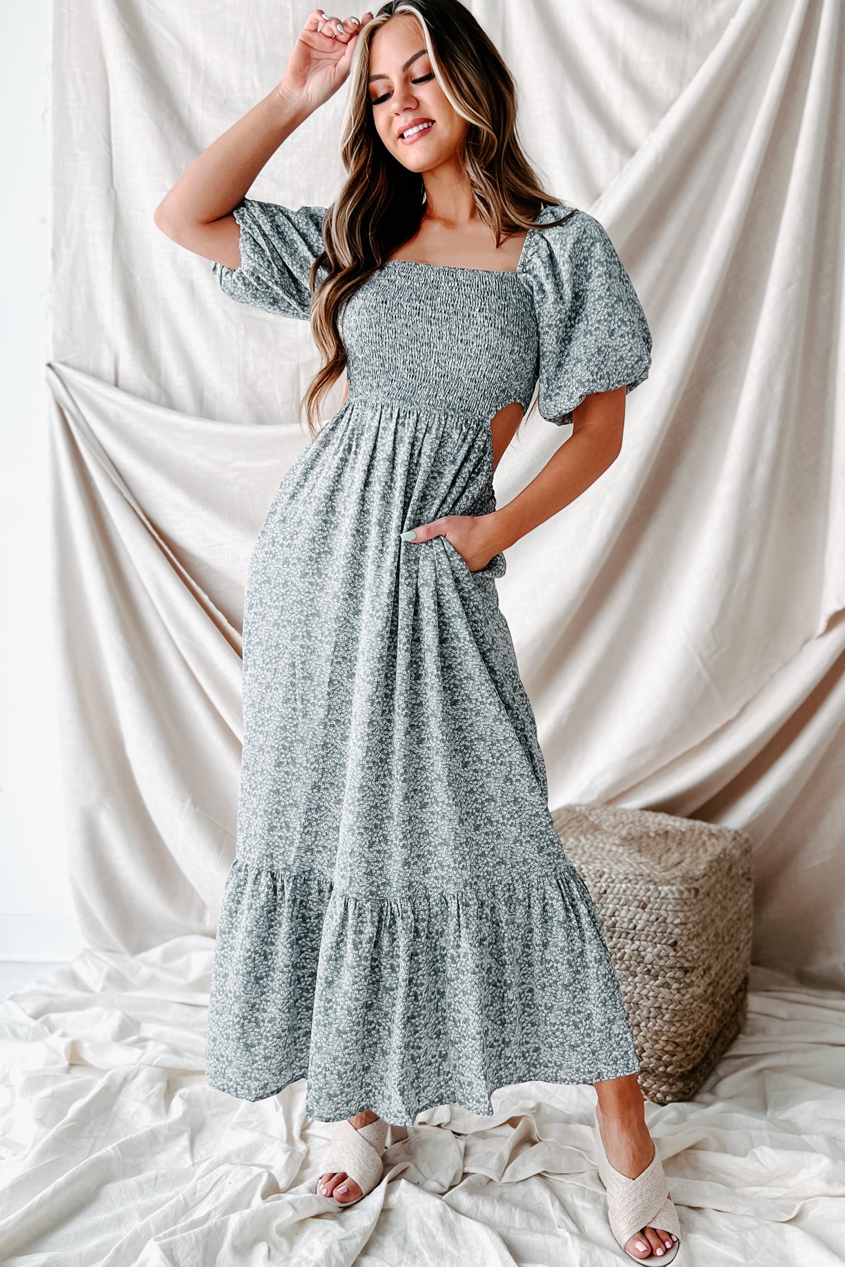 Blissfully In Love Smocked Floral Midi Dress (Dusty Blue) - NanaMacs