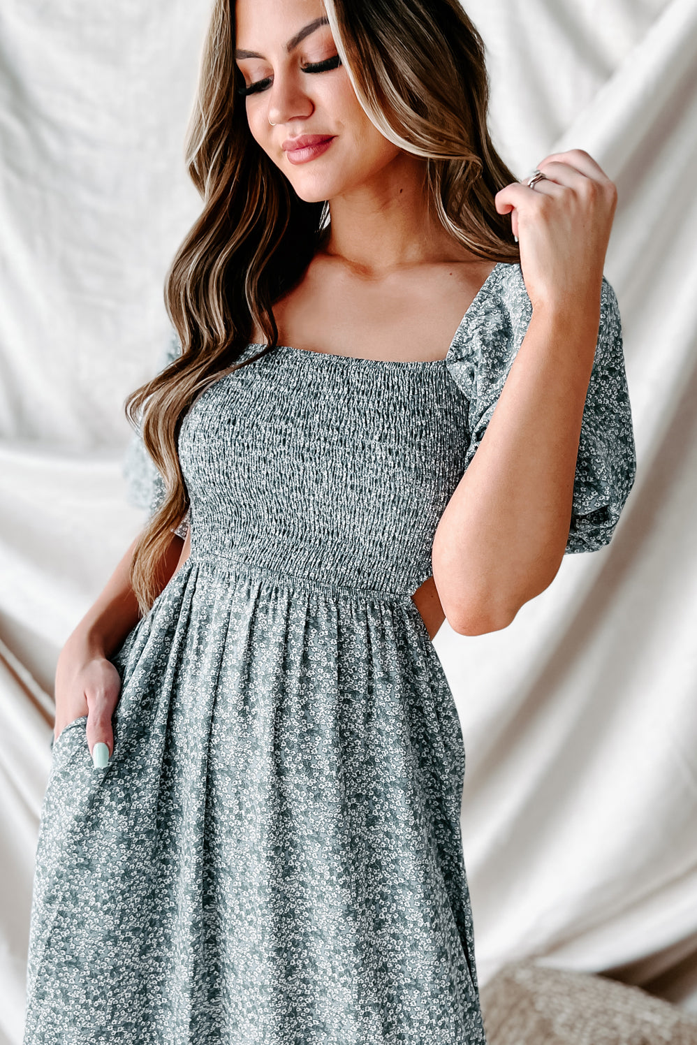 Blissfully In Love Smocked Floral Midi Dress (Dusty Blue) - NanaMacs