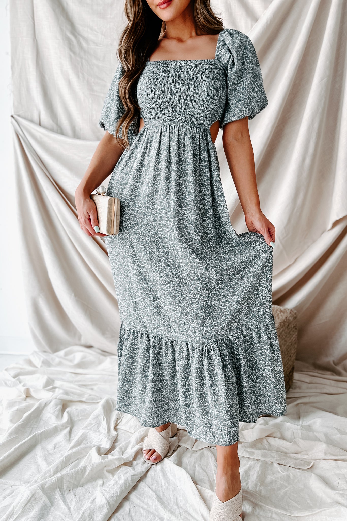 Blissfully In Love Smocked Floral Midi Dress (Dusty Blue) - NanaMacs