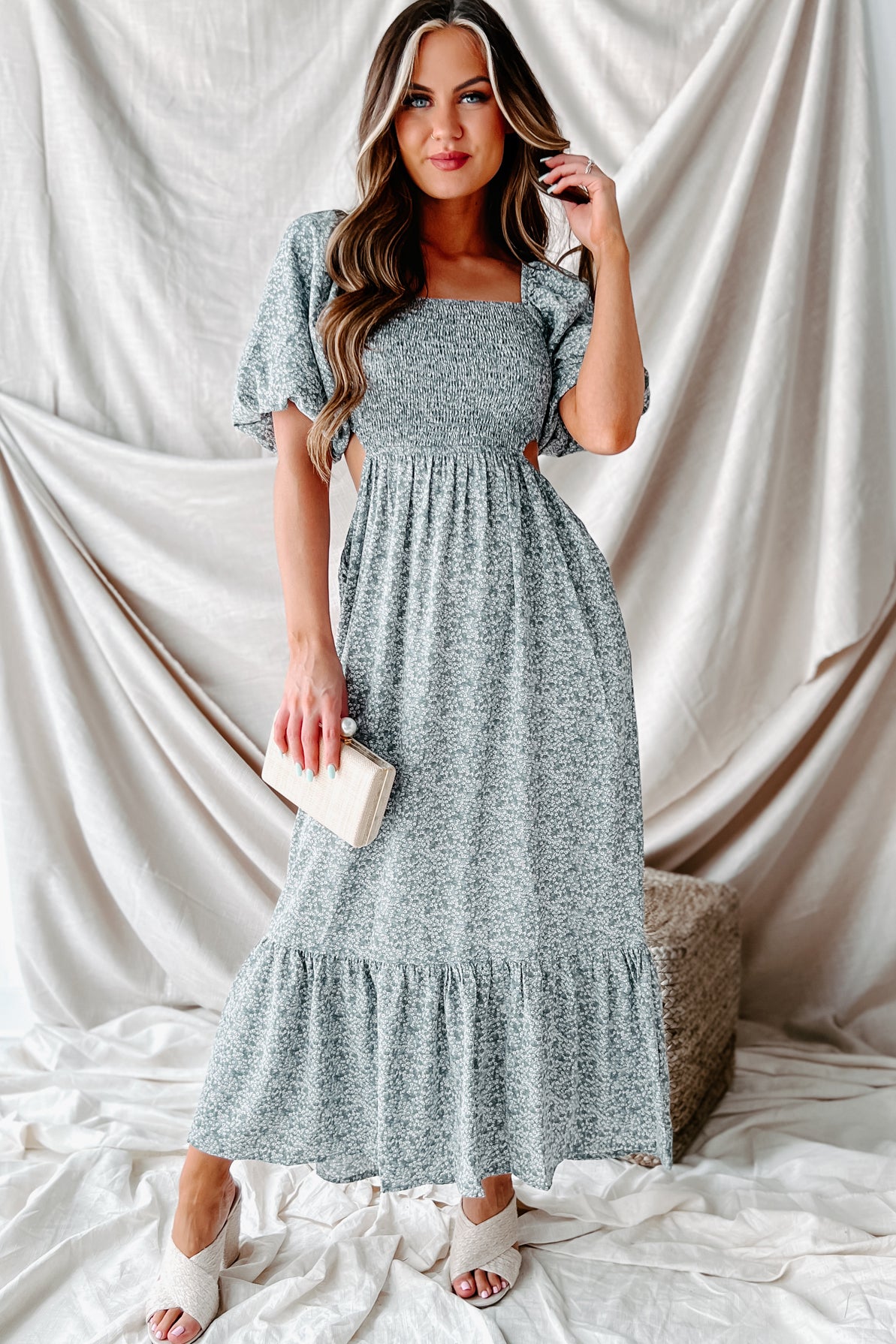 Blissfully In Love Smocked Floral Midi Dress (Dusty Blue) - NanaMacs