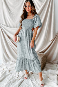 Blissfully In Love Smocked Floral Midi Dress (Dusty Blue) - NanaMacs