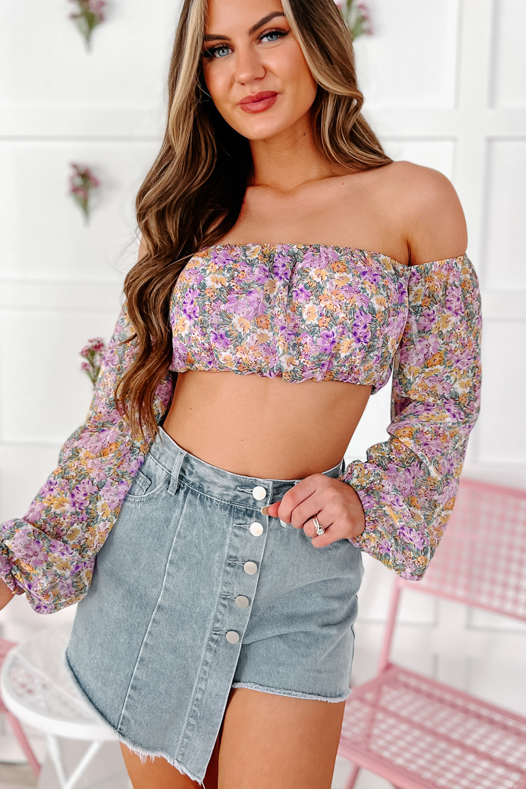 Keep It Lovely Off The Shoulder Floral Crop Top (Purple/Yellow Flower) - NanaMacs