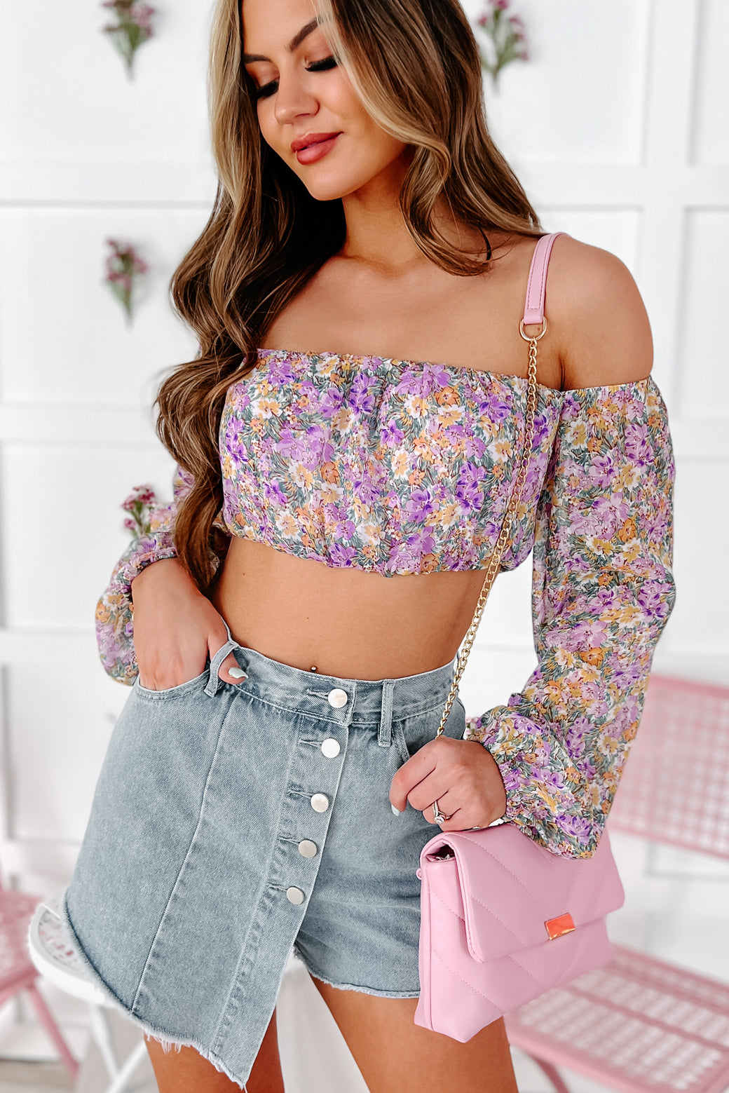 Keep It Lovely Off The Shoulder Floral Crop Top (Purple/Yellow Flower) - NanaMacs