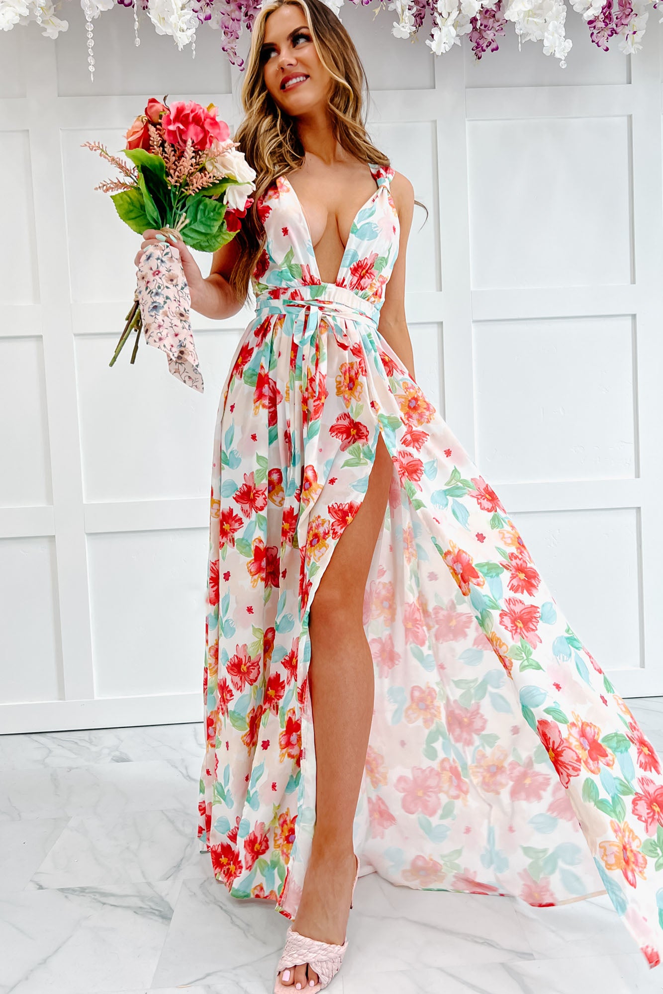 Strike A Pose Plunging Floral Maxi Dress (Ivory Multi) - NanaMacs