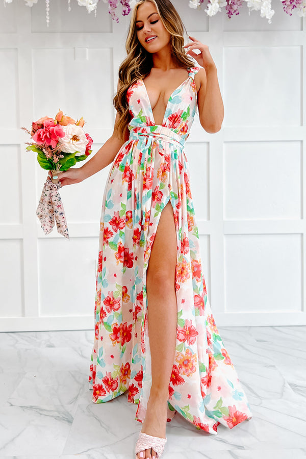 Strike A Pose Plunging Floral Maxi Dress (Ivory Multi) - NanaMacs