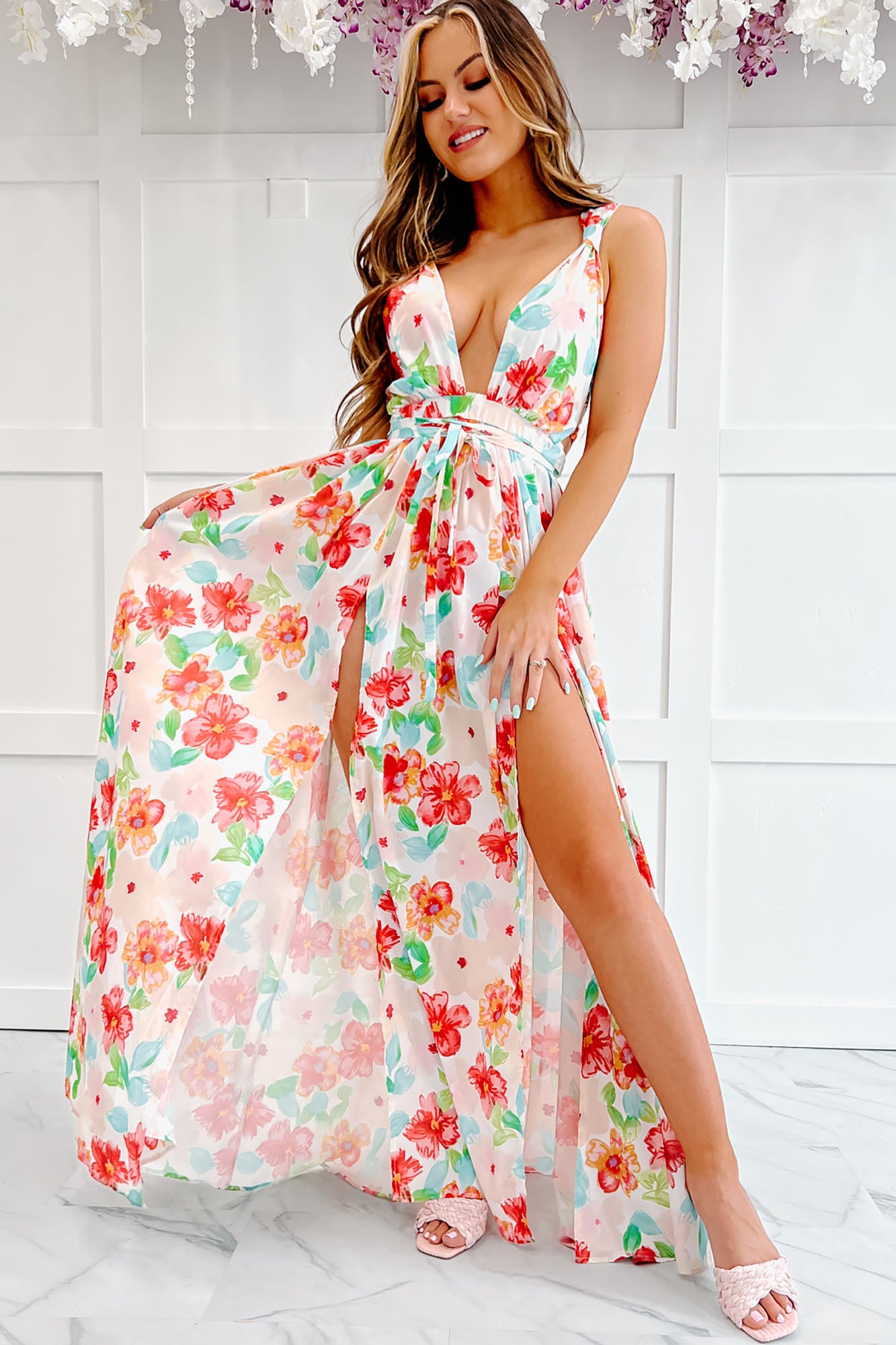 Strike A Pose Plunging Floral Maxi Dress (Ivory Multi)