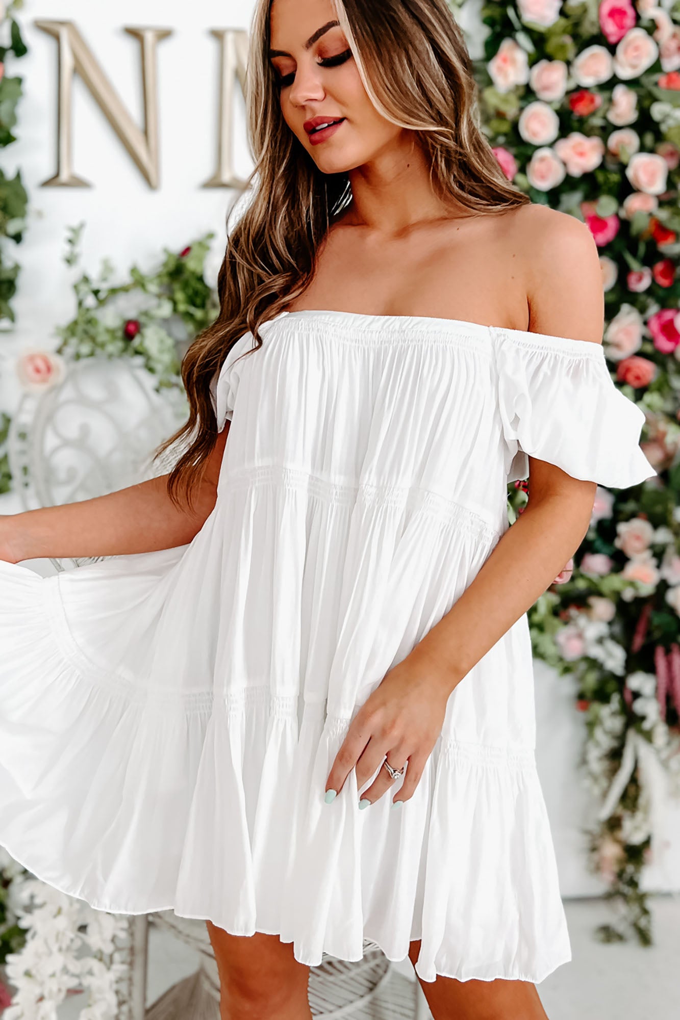 I'd Be Delighted Puff Sleeve Tiered Mini Dress (Off White) - NanaMacs