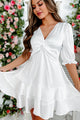 Higher Highs Twist-Front Ruffled Satin Dress (Off White) - NanaMacs