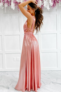 Camera Ready Plunging Metallic Maxi Dress (Salmon) - NanaMacs