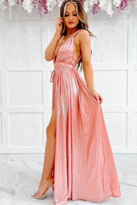 Camera Ready Plunging Metallic Maxi Dress (Salmon) - NanaMacs