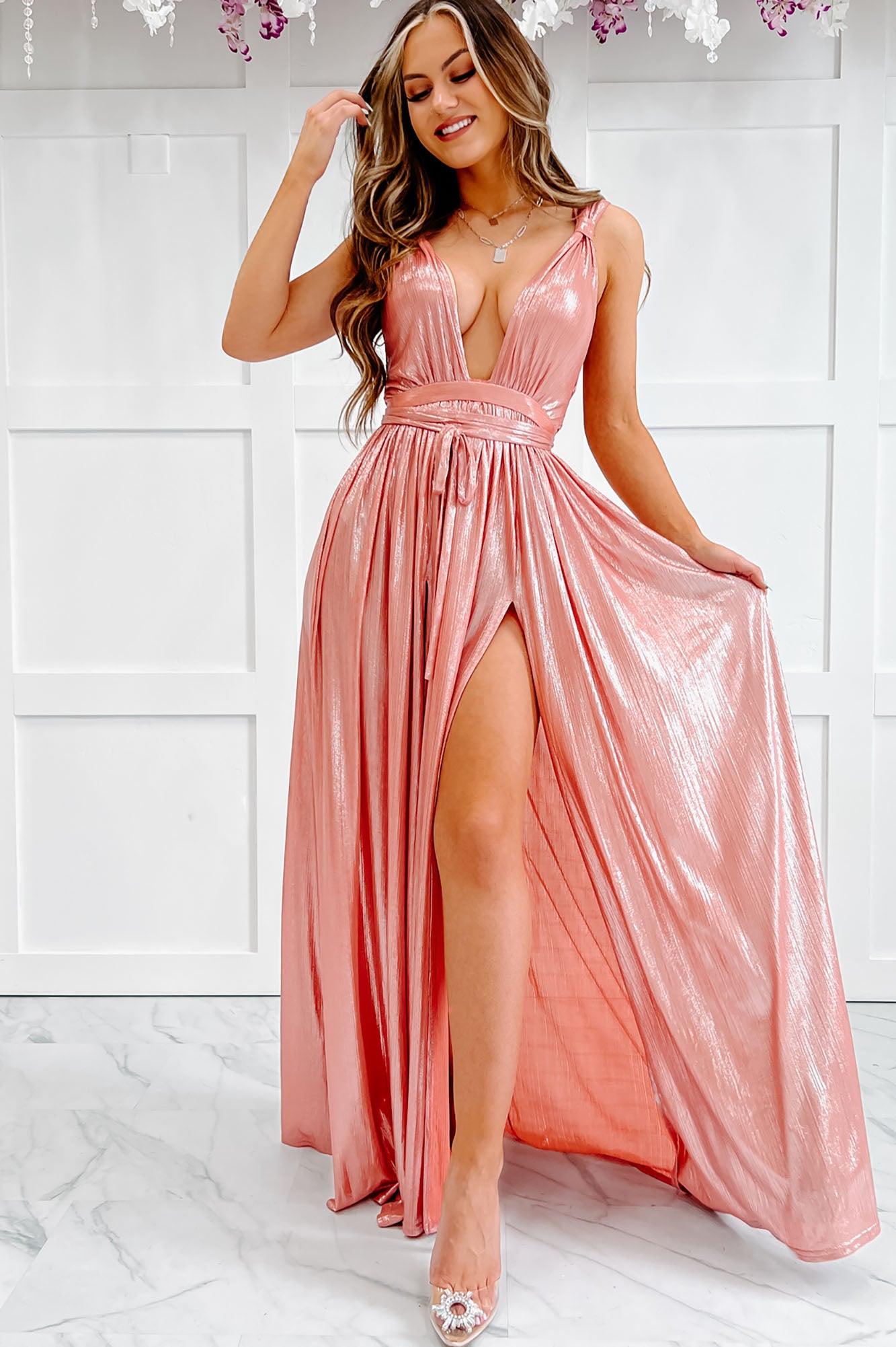 Camera Ready Plunging Metallic Maxi Dress (Salmon) - NanaMacs