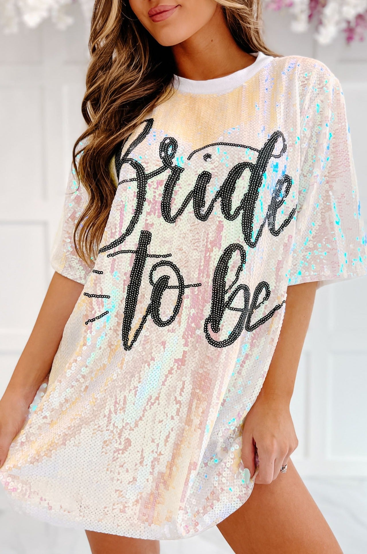 "Bride To Be" Sequin T-Shirt Dress (White) - NanaMacs