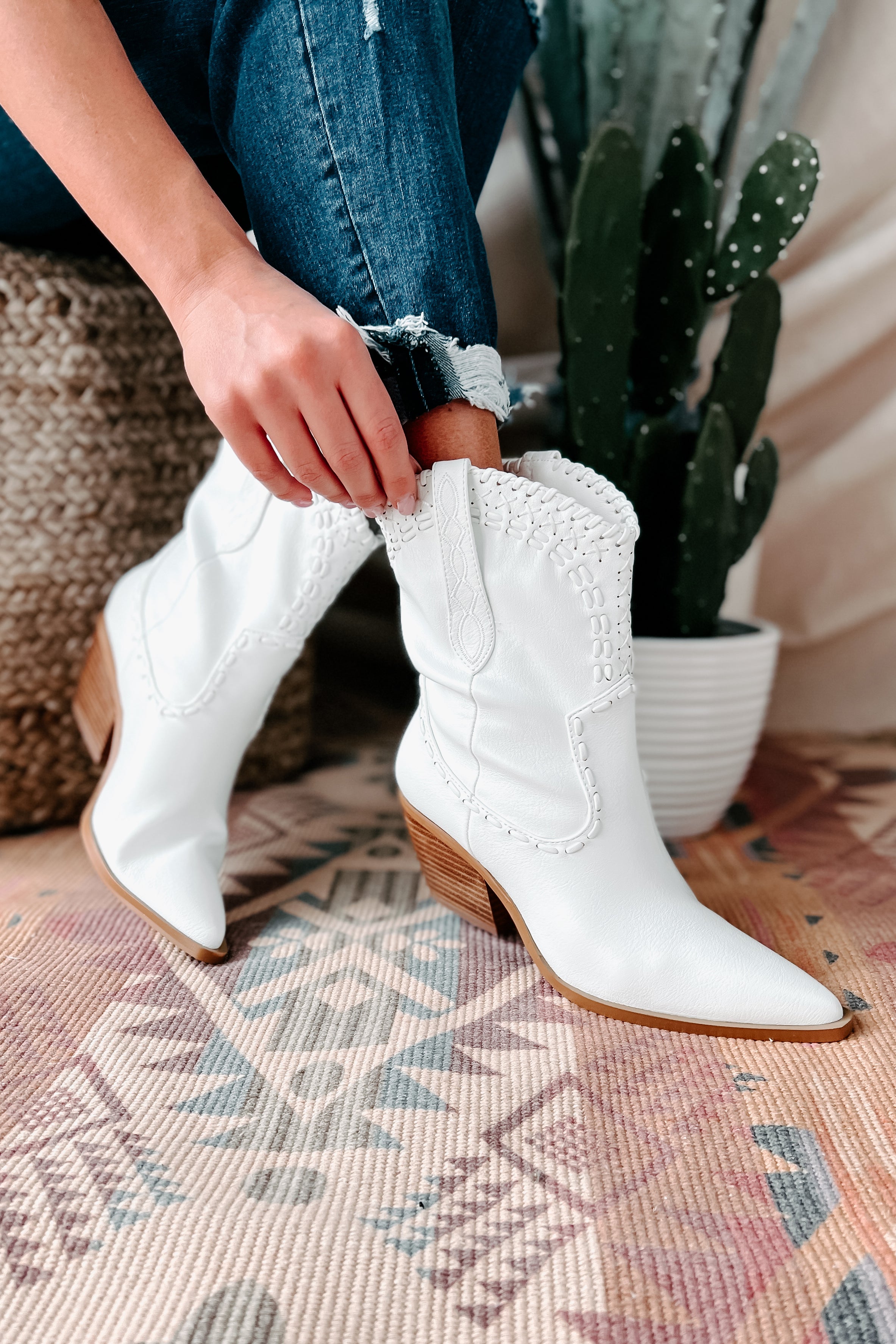 Cazey Whip Stitched Mid-Calf Billini Booties (White) - NanaMacs