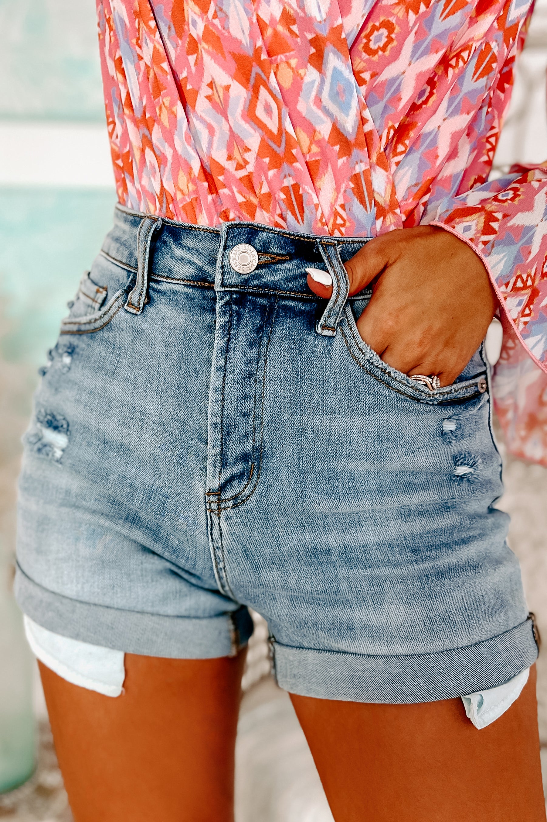 Unlimited Potential Risen High Rise Cuffed Denim Shorts Light