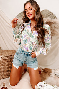 No Time To Waste Floral Long Sleeve Bodysuit (Green) - NanaMacs