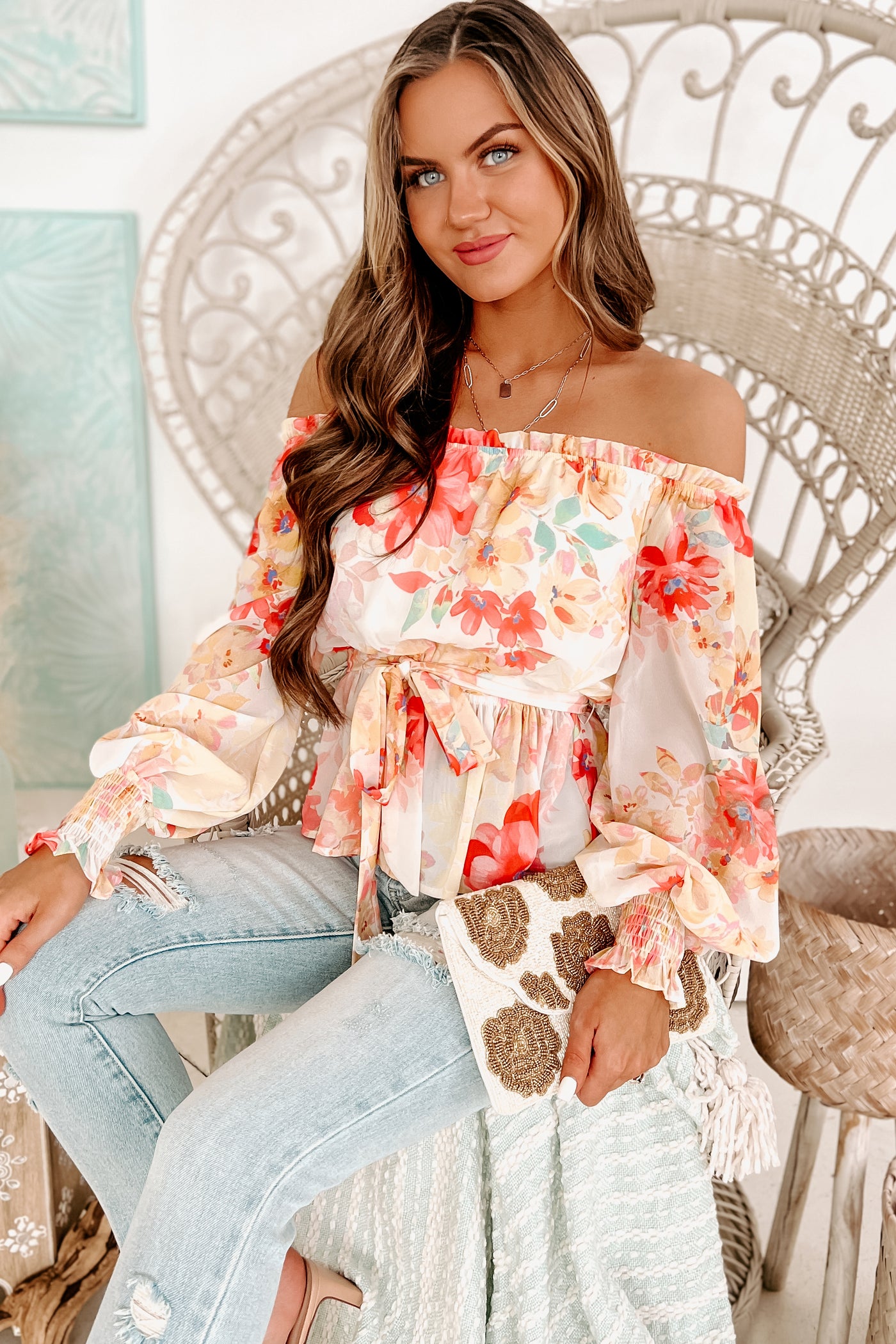Spring Bliss Off The Shoulder Tie-Waist Floral Top (Ivory) - NanaMacs