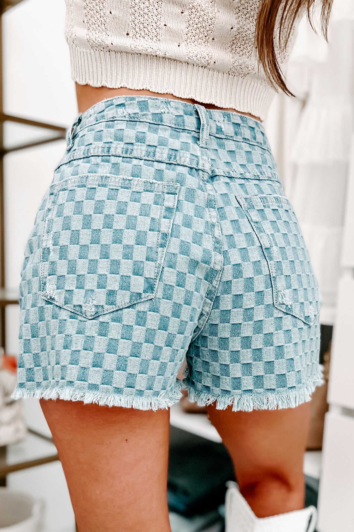 Checkered Skinny Denim Shorts - Light Wash