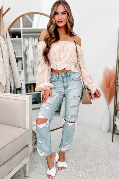 Like A Love Song Off The Shoulder Eyelet Crop Top (Light Sand) - NanaMacs
